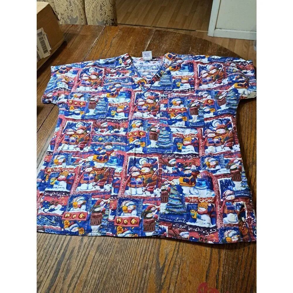 Large S.C.R.U.B.S. Christmas Holiday Winter Snowman Short Sleeve Scrub Top Shirt